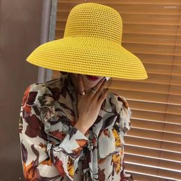 Berets Summer Female Yellow Hollow Hepburn Bell-shaped Big Brim Hat Shade Vacation Beach Sun Straw
