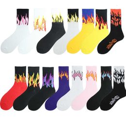 Men's Socks 1 pair women Fashion Hip Hop Hit Colour On Fire Crew Red Flame Blaze Power Torch Hot Warmth Street Skateboard Cotton Socks