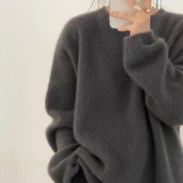 Women's Sweaters 2022 Fall Winter Round Neck Cashmere Sweater Female Thick Languid Lazy Wind Women Dark Gray Loose Knit Purple Solid