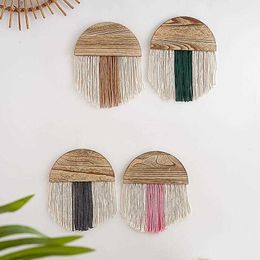 Colourful Handmade Semi-circular Wooden Wall Hanging Modern Simple Tassel Tapestry Bohemian Style for Living Room Decoration