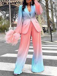 Women's Suits Blazers CM.YAYA Elegant Gradient Printed Blazer Suit for Women Pleated Loose Wide Leg Pants Set Chic INS Two 2 Piece Sets Outfits Femme T221027