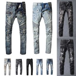 Erkek pantolonlar erkek tasarımcı kot pantolon sıkıntılı yırtık bisikletçi ince fit motosiklet bisikletçileri denim erkekler moda adamlar siyah pantolon dökmek hommesbpef dökmek