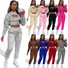 Mulher Plush Tracksuits de 3 peças Terno de cordão de punho de colheita de moletom e calças de corrida de colete de algodão com capuz