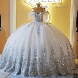 Silberne glitzernde Ballkleid-Brautkleider, schulterfrei, Spitze, Tüll, Applikation, Quaste, Schnürung, Brautkleid, lange Robe de Mariage, BC14008