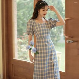 Ethnic Clothing Blue Plaid Cheongsam Puff Sleeve Chinese National Dress Summer Slim Costumes Square Neck Qipao S To XXL