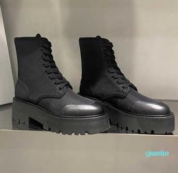 Women BLACK BULKY LACED UP BOOT IN NYLON AND SHINY BULL Classic Knight Boots Leather Mid-calf Lace-up Chunky Platform Boots 011