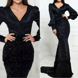 Elegant Black Mermaid Prom Dresses Silk Satin And Sequined Long Sleeves Formal Evening Gowns V-Neck Glitter Special Occasion Party Wear Robe De Soriee 2023