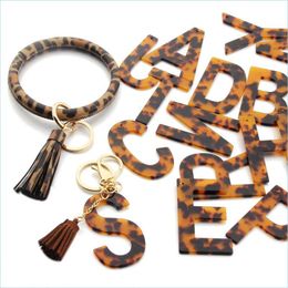 Keychains Lanyards Leopard Acetate Initial Keychain Gold Colour Leather Keyring Bracelet Classic Pendant Alphabet Resin Keyrings Gi Dh1D4