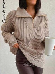 Women's Sweaters Woman Vintage Lapel Cashmere Knit Casual Twist Oversized Half Zipper Pullover Autumn Female Thick Warm Elegant Clothes G221018