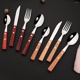 Dinnerware Sets 16Pcs Silver 304 Stainless Steel Cutlery Set Flatware Wooden Handle Tableware Knife Fork Tea Spoon Silverware