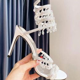 New Designer Sandals 10Cm Rhinestone Women 'S High Heels Factory Shoes Crystals Luxury Crystal Diamond Silver Twining Evening Dress Metal Large Size