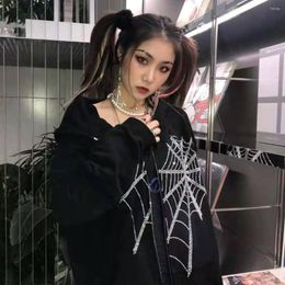 Women's Hoodies Hoodie Women&#39;s Rhinestone Web Hooded Gothic Jacket Black Punk Zip Up Coat Harajuku Grunge Sweatshirt Emo Alt