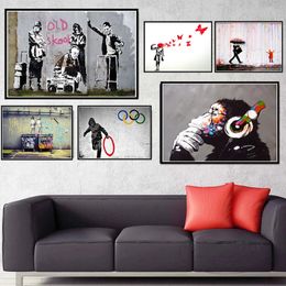 Banksy Street Graffiti Collage Monkey Canvas Painting Poster and Print Nordic Style Wall Art Pictures for Living Room Home Decor Frameless