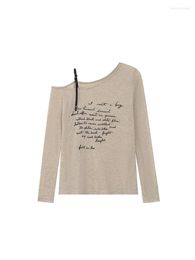 Women's T Shirts Women Autumn Summer Skew Collar Off Shoulder Suspender Top Baggy Long Sleeve Tee Vintage Lettered Printing Thin Lady