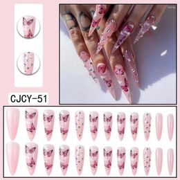 False Nails 3D Pink Set Butterfly With Diamond Glitter Designs DIY Manicure Supplies French Long Tips Press On Faux Ongles Nail