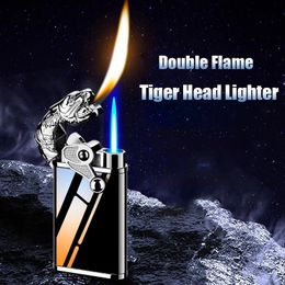 Torch Blue Flame Jet Lighter Metal Crocodile Dolphin Double Fire Lighter Creative Windproof Double Fire Conversion Smoking Lighter Gift Gadgets