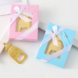 50PCS Amazon Ho t Selling Newborn Baptism Party Presents Creative Baby Bottle Design Gold Solid Metal Beer Openers in PINK/BLUE Gift Box
