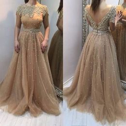 Pearls Beaded Floor Length Prom Dresses A-Line Backless Long Tulle Formal Evening Gowns With Belt Appliques Lace Elegant Party Special Occasion Wear 2023