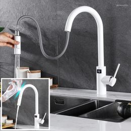Kitchen Faucets Intelligent Faucet Digital Led Temperature Display White Cold Water Pull Out Touch Sensor Swing Wash Basin Tap