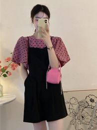 Women's Tracksuits Preppy Shorts Set Ladies 2022 Summer Polka Dot Short Puff Sleeve Women Top Two-piece Suspender Casual Small Fragrance