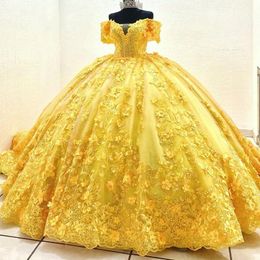 Żółta księżniczka quinceanera sukienka 2023 Eleganckie aplikacje Koraliki Perły urodziny Słodka 16 Suknia Vestidos de 15 Anos Corset