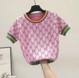 Colorful Jacquard Flower Short Sleeve short sleeve sweater top Tops Tee - Chic Womens Knit and Tees