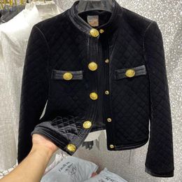 Women's Jackets Autumn Fashion Velvet Diamond Quilted Jacket Women Double Pockets Gold Buckle Stand Collar Slim Short Cotton Padded Outwear