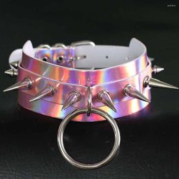 Choker Holographic Spiked Punk Hoops O Shape Circle Pendant Laser Leather Collar Belt Statement Necklace Party Harajuku Jewelry