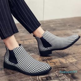 Boots Men Shoes Leather Boots Solid Color Ankle Casual Fashion Round Head Retro Houndstooth