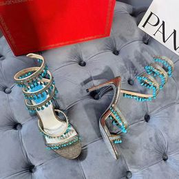 New Turquoise Pinging Decoration embelezou Startto Heels Sandals 10mm Rhinestone Metal Color Women Women Healled Designers de luxo Sapatos de vestido envolventes