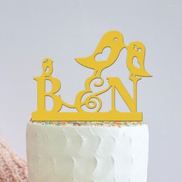 Festive Supplies Custom Your Initials Wedding Cake Topper Bird Couple&Baby Pattern Butterfly As Gift Personalised Cute Sign For