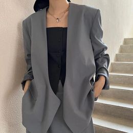 Women's Suits SEAE South Korea Buttonless Suit Coat Women's Solid Loose Collarless Wool Short 2022 Urban British Style Blazer Women