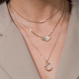 Pendant Necklaces Vintage Fashion Boho Gold Artificial Pearl Geometric Art Moon Necklace For Women 2022 Multilevel Chain Choker Jewelry Gif