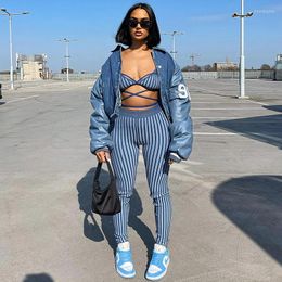 Women's Two Piece Pants 2022 Summer Striped Bodycon Tracksuit Outfits Women Sexy Bandage Crop Top Corset And Pencil Matching Set Skinny