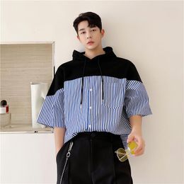 Men's Casual Shirts 2022 Summe Korean Fashion Patchwork Sweatshirts Style Short Sleeve Pullovers T-Shirts Blue Striped Oversized Tops Blouse