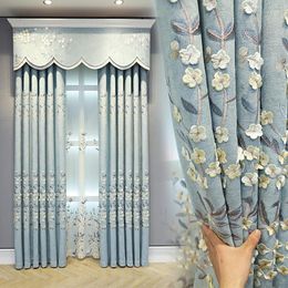 Curtain European Style Curtains For Living Dining Room Bedroom Luxury Custom Embossed Fresh Blue Chenille Tulle Sheer Valance