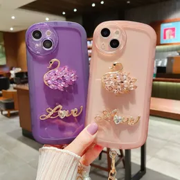 3D DIY Creative Special Gift Present Phone Cases Bling Rhinestone Lovely Swan Silicone Protective Cover with Strap for Iphone 14 13 12 11 Pro Max XR XS Max 8 7 6S Plus