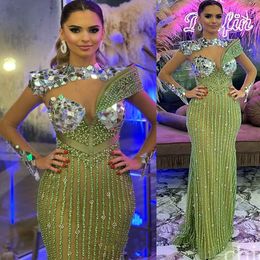 2022 Arabic Aso Ebi Mermaid Green Prom Dresses Beaded Crystals Sexy Evening Formal Party Second Reception Birthday Engagement Gowns Dress ZJ607