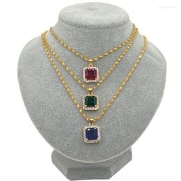Pendant Necklaces 24k Gold Cubic Zircon Square Shaped Jewellery Round Red Blue Green Rhinestone Necklace For Women Girls Wedding