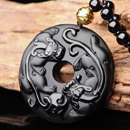 Pendant Necklaces Pixiu Jade Natural Black Obsidian Necklace Chinese Hand-Carved Fashion Charm Jewellery Lucky Amulet For Men Women Gifts
