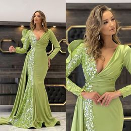 Sexy Green Lace Mermaid Evening Dresses High Split Sequins Prom Dress Simple Off The Shoulder Formal Party Gowns