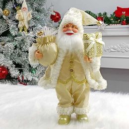 Golden Standing Santa Claus Doll With Gift Bags 2022 Xmas Decor For Home Navidad Party Ornaments Happy New Year 2023 Kids Favors