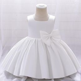 Girl Dresses Baby Dress For Girls Party Bow Infant Christening Gown White Satin 1 Year Birthday 9M-3Y