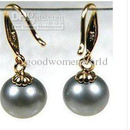 genuine fine 9-10mm tahitian black pearl earrings 14K300z