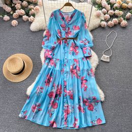 New French long printed dress Goddess style V-neck single breasted thin waist super fairy skirt