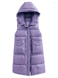 Women's Vests Long Vest Women Waistcoat Glossy Hooded Gilet Thick Coat Female Warm Cotton Padded Sleeveless Jacket Tops