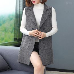 Women's Vests Chic Stripe Wool Blend Vest Women Elegant Sleeveless Jacket Office Lady Korean Fashion Single Breasted Waistcoat Vintage Coat