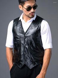 Men's Vests Men's Genuine Leather Waistcoat Vintage Casual Style Western Biker Vest Multi Pocket Cowhide Sleeveless Jacket