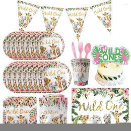 Party Decoration Pink Gold Wild One Theme Disposable Tableware Jungle Animal Paper Cup Plate Girl Birthday Decorations