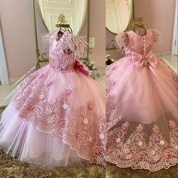 Princess Pink Lace Feather Flower Girl Dresses Crystal Beaded 3D Floral Sweep Train Jewel Neck Gilrs Pageant Little Kids First Communion Dress 403